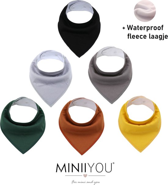 6 Stuks Bandana Slabbetjes met Fleece laag - Bruin Geel Grijs van Cottonbaby