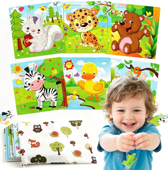 6 Stuks Houten Puzzel – Educatief Montessori-Speelgoed – Details Voor Kinderverjaardag En Kleuterschool – Houten Puzzels Met Dieren - Met opbergzak