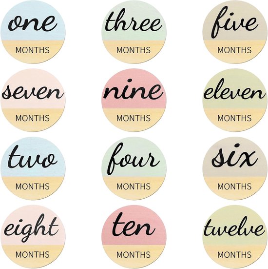 6 Stuks Mijlpaalkaarten - Houten Dubbelzijdige Maandelijkse Kaarten - Baby 1-12 Maanden - Maandelijkse Mijlpalen - 10cm Ronde Maandelijkse Bordjes - Baby Kaarten Markering Schijven voor Ouders van Merkloos
