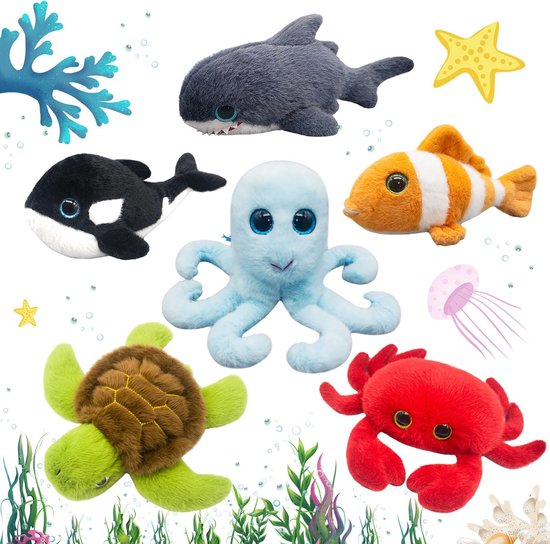 6 stuks mini-zeewereld, knuffeldieren, 20 cm, schattige zeedieren, zachte kleurrijke oceaan, pluche dieren, knuffelzacht voor kinderen, verjaardagen en speciale gelegenheden