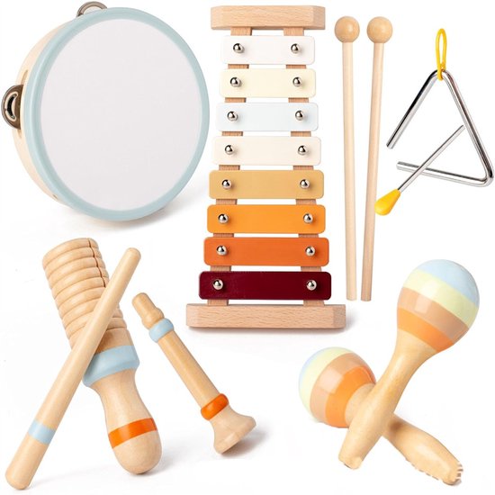 6 stuks muziekinstrumenten voor kinderspeelgoed, montessori muziekspeelgoed voor kinderen van 1-5 jaar, houten speelgoed baby drumstel, kinder drum percussie-instrumenten muziekinstrumenten speelgoed van Rolimate