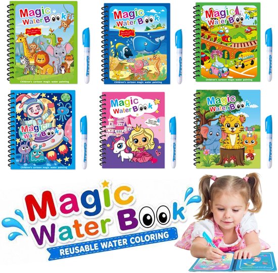 6 Stuks Waterkleurboeken - Herbruikbaar Waterboek voor Peuters – Kleurboek en Reisspeelgoed voor Peuters - met Waterpen Voor Kinderen van 2, 3, 4, 5 en 6 Jaar Oud
