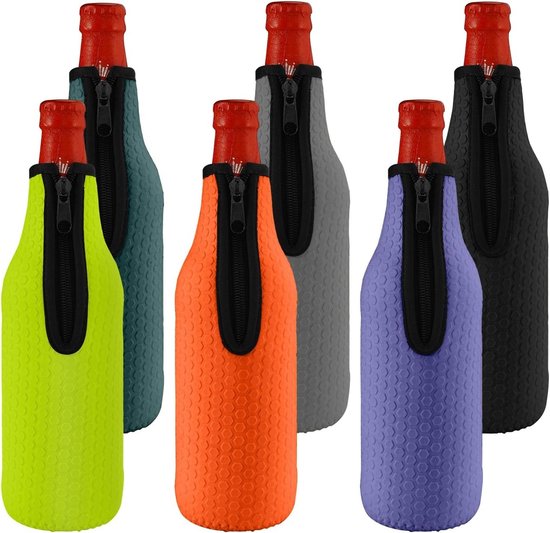 6 x 16 oz Bierfles Koelers, Geïsoleerd, Herbruikbaar, Antislip Neopreen Flessenhoezen met Rits, Dikke Wijn- en Drankkoelers voor 500-530ml Flessen