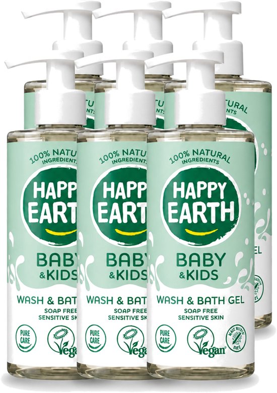 6 x Happy Earth – Was & Badgel – Zeepvrij Baby & Kids – 300 ml - Voordeelverpakking - 6 stuks