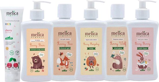 6 x MELICA ORGANIC BIO BIOLOGISCH BABY en KINDEREN BADSET – 6 BIO ORGANIC tot 98,8% NATUURLIJKE VERZORGINGSPRODUCTEN Zonder Parabenen, SLS, SLES 1600g van Melica Organic