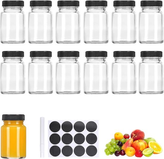 60 ml Plastic Shot Bottles voor Vullen - 12 Herbruikbare Kleine Glazen Mini Flessen met Labels voor Sap - Gember - Shotflesjes Kleine Glazen Flesjes met Lekvrije Dop - Specerijen - Zwart van Merkloos
