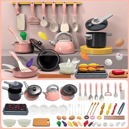 61-delige set speelgoedaccessoires voor kinderen, speelkeuken met BBQ-kookset met potten en pannen, kookgerei, gesneden speelgoedvoedselset, speelgoedgroenten, speelkeuken voor meisjes en jongens (roze) van Kidzooly