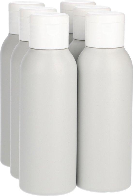 6x Plastic Fles 100 ml Klepdop - Basic Round - Gerecycled HDPE Kunststof BPA-vrij - Wit - Rond - Set van 6 stuks van Toppoint