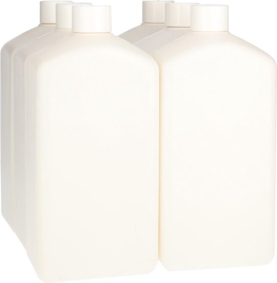 6x Plastic Fles 1000 ml Schroefdop - Standard Square - Gerecycled HDPE Kunststof BPA-vrij - Wit - Rond - Set van 6 stuks van Bolsius