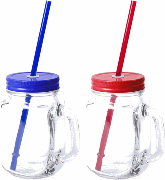6x stuks Glazen Mason Jar drinkbekers met dop en rietje 500 ml - 3x blauw/3x rood - afsluitbaar/niet lekken/fruit shakes van Premium Household