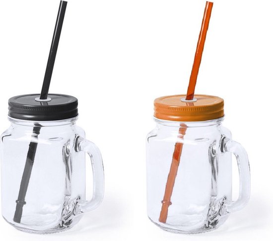 6x stuks Glazen Mason Jar drinkbekers met dop en rietje 500 ml - 3x zwart/3x oranje - afsluitbaar/niet lekken/fruit shakes van $
