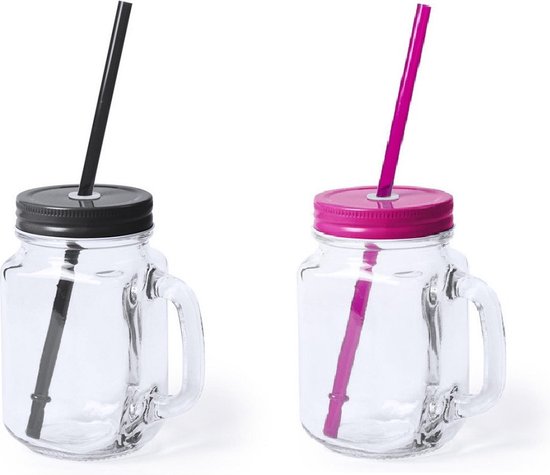 6x stuks Glazen Mason Jar drinkbekers met dop en rietje 500 ml - 3x zwart/3x roze - afsluitbaar/niet lekken/fruit shakes van $