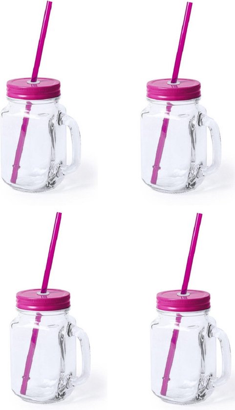 6x stuks Glazen Mason Jar drinkbekers roze dop en rietje 500 ml - afsluitbaar/niet lekken/fruit shakes van Benarta