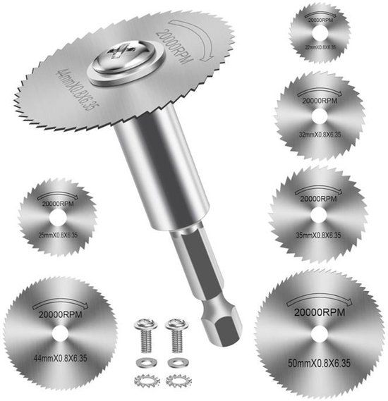 7-bladige boorschijven, snelstaal, met 1/4” (60 mm) zeskantschacht, mini-zaagblad. van Merkloos