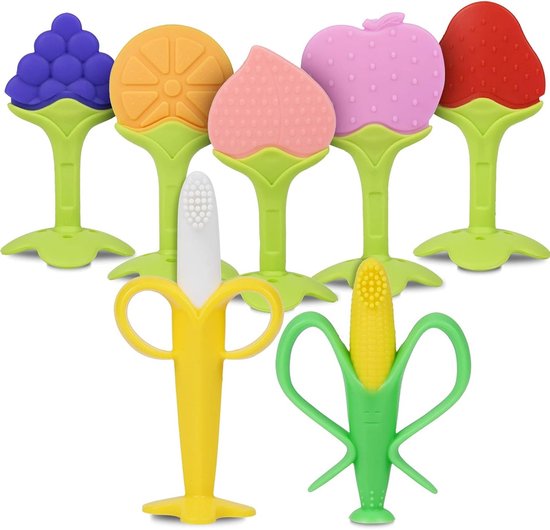 7-delige Bijtringen Set voor Baby's, Siliconen Tandenborstel Speelgoed, Veilig en BPA-vrij, Ideaal voor 3 tot 9 Maanden, Verlichting van Tandpijn en Ontwikkeling van Tandjes van Merkloos