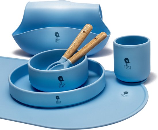 7 delige set Siliconen Kinderservies set - blauw - ( Oxford ) - Eetset - Kinder Servies - Baby Servies - Antislip BPA vrij - Onbreekbaar - Giftset - Kraamcadeau - Babyshower - Siliconen Kinderbestek - siliconen servies baby set - Cadeau van Oxford