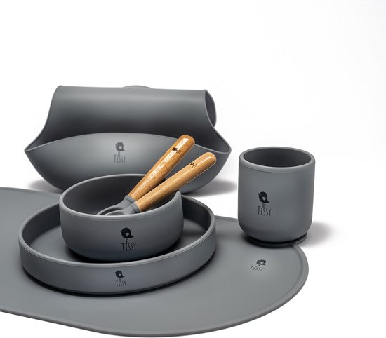 7 delige set Siliconen Kinderservies set - Superieure kwaliteit - grijs -( cloudy ) - Eetset peuter-Baby Servies-Kinderservies- Onbreekbaar - Babybestek - 100% Siliconen BPA-vrij - Oven-, Vriezer- en Vaatwasserbestendig - Kraamcadeau -Babyshower van Chickaboo.