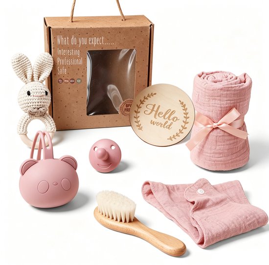 7-in-1 Babycadeauset - Babybadset - Inclusief badhanddoek, houten borstel, konijnenfopspeen, rammelaar, slabbetje, speelkaarten en fopspeenopbergdoos - Perfect cadeau voor aanstaande moeders - Kraamcadeau - Cadeau voor pasgeborenen