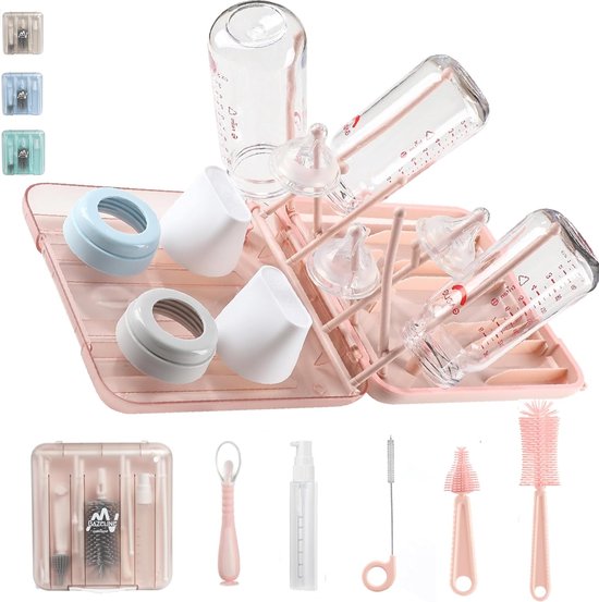 7-in-1 babyflessen reinigingsset: flessenborstel, zuigborstel, stroborstel, zeepdispenser, lepel, droogstandaard babyflessen, opbergdoos, babyaccessoires (roze) van Srua Don