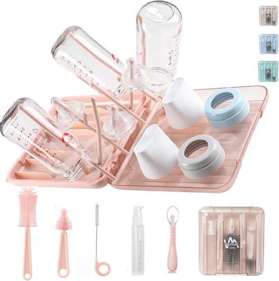 7-in-1 reinigingsset flessenborstel zuigborstel stroborstel zeepdispenser lepel droogrek babyflessen opbergdoos reisbenodigdheden - Roze van Merkloos