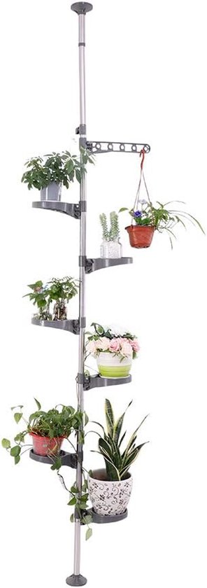 7-Laags Telescopisch Plantenrek Binnen Metalen Plantenstandaard Bloemenplanken Bloementrap Verstelbaar van 230 - 290cm met 6 Schalen en 1 Hangend Haak, voor Woonkamer Slaapkamer Balkon, Grijs
