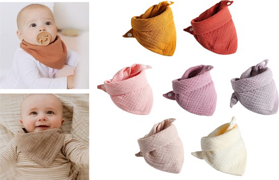 7 stuks Hydrofiele Bandana Slabbetjes - Roze - Geel - Crème - Roestbruin van Laessig