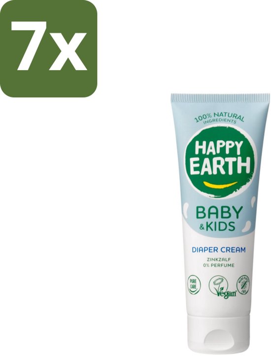 7 x Happy Earth – Diaper Cream – 100% Natuurlijk Baby & Kids – 75 ml - Baby Billen Crème - Luieruitslag Voorkomen - Gevoelige Huid - Zink Oxide Crème - Natuurlijke Baby Crème