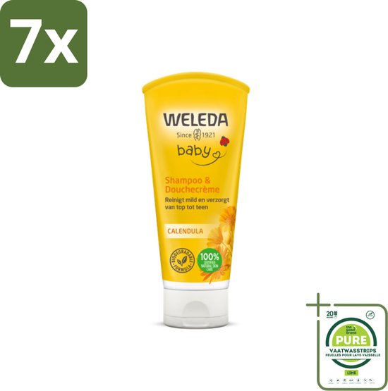7 x WELEDA - 2-in-1 Shampoo & Douchecrème - Baby & Kind - Calendula - Voor gevoelige huid - 200 ml - Grootverpakking - Baby Shampoo - Baby Douchecrème - Biologische Babyproducten - Calendula Baby - Zachte Babyverzorging van WELEDA