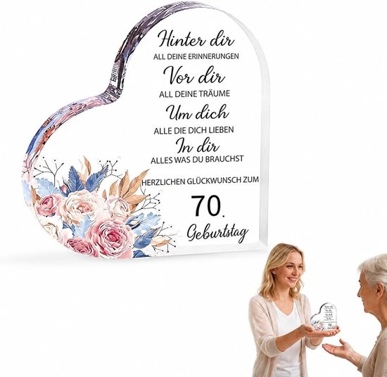 70e Verjaardag Decoratie voor Vrouwen – Acrylaat Plaquette Cadeau met Hartvorm – Uniek 70 Jaar Verjaardagscadeau met Gravure en Luxe Cadeaubox – Ideaal voor Moeder en Grootmoeder – 8x8x1cm