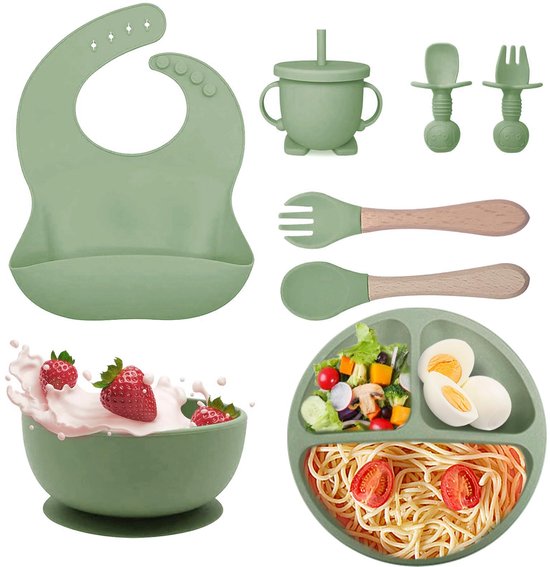 8-Delig Baby Servies Set (Siliconen) – Bord met Zuignap + Drinkbeker + Slab + Bestek | Vaatwasser- & Ovenbestendig | BPA-Vrij | Lichtgroen van Merkloos