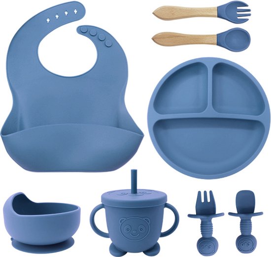 8-Delig Kinderservies set Siliconen - Baby Servies set Incl. bord met zuignap, drinkbeker met rietje, slabbetje en 2 sets Kinderbestek - Baby Bestek Siliconen - Vaatwasserbestendig - Ovenbestendig - BPA Vrij - Marineblauw van Little Champs