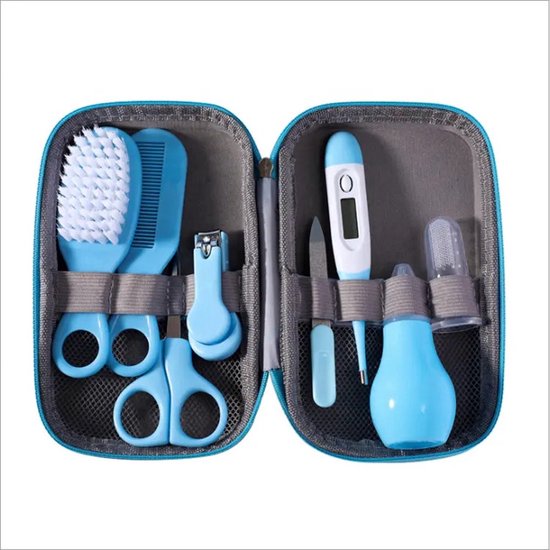 8-Delige Baby Verzorgingsset – Manicureset Baby - Blauw – Kam, Borstel, Nagelschaar, Vijl, Thermometer & Meer – Complete Babyverzorging – Kraamcadeau