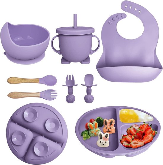 8-delige Kinderservies Set Siliconen - Voederset Babybord - Schaal met Zuignap - Kopjes Lepel Vork - Slabbetje Antislip Waterdicht - Training Servies Set voor Kinder Meisje - Leren Eten van Easy SweetDreams