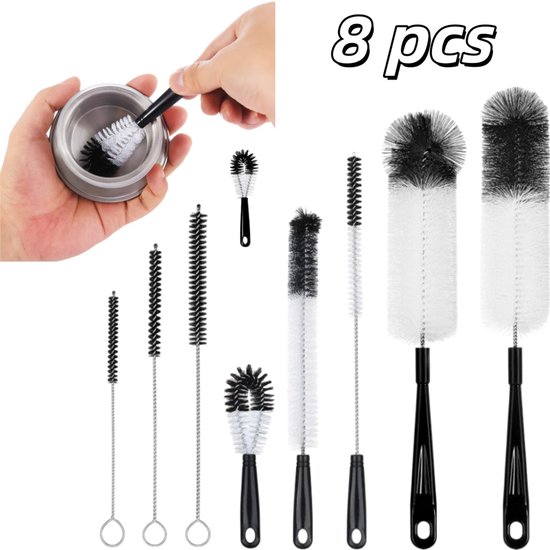 8-delige set babyflesborstels - Borstelkop met lange steel - Rietjesborstel - Borstel voor bekers en potjes - 6,5*42 cm - Voor het reinigen van flessen met een smalle hals, thermosflessen, waterflessen en flesdoppen - Verkrijgbaar in zwart en wit