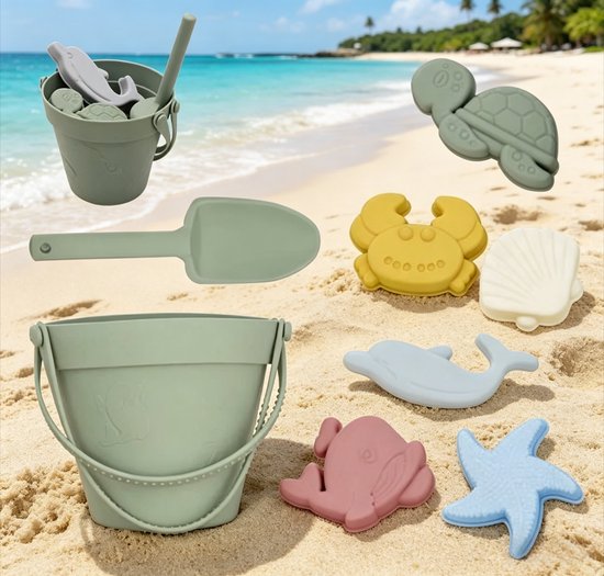 8-delige Set Olijfgroene Siliconen Strandspeelgoed | Emmer + Schepje Met Netzak Met Trekkoord – Draagbaar En Neemt Weinig Ruimte in – Onmisbaar Voor Baby’s Die Aan Zee in Het Zand Spelen van Merkloos