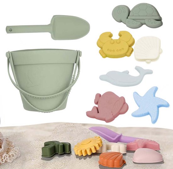 8-delige Silicone strandspeelgoedset – Met emmer, schep & 6 zandvormpjes – Zacht, veilig & BPA-vrij – Speelgoed voor jongens & meisjes – Groen