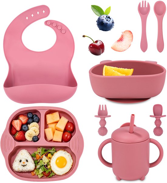 8-delige siliconen baby eetgerei set – roze, met zuignap, BPA-vrij,Complete baby led weaning set – bord, kom, slab, bestek en beker – voor 6+ maanden