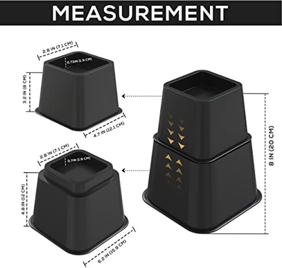 8-delige verstelbare meubelverhogers - robuuste verhogers voor bed, tafel, stoel en bank - 3 tot 8 inch hoogtes - zwart van Merkloos