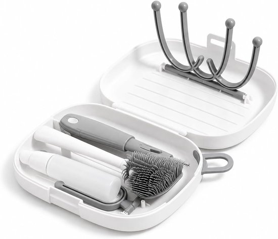 8-in-1 Babyfles Reinigingsset - Flessen Droogrek Baby - Flessen Borstel Reis Set - Flessenreiniger - Siliconen Flessenborstel met Zeepdispenser en Opbergbox