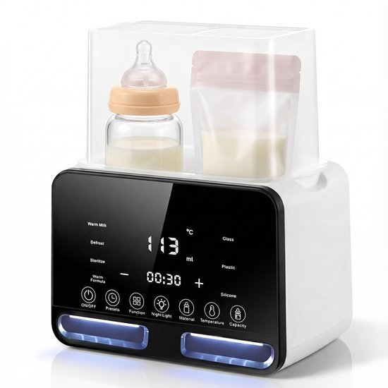 8-in-1 Flessenwarmer voor 2 Flessen - Digitale Melkverwarmer met Instelbare Temperatuur, Ontdooien, Stoomfunctie en Nachtlampje - EU-stekker 220 V