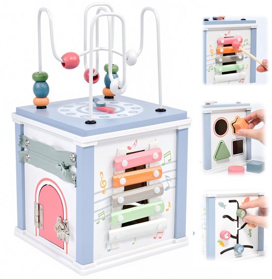 8-in-1 Houten Activiteitenkubus - Montessori Speelgoed 1-3 Jaar - Educatieve Motoriek Kubus met Xylofoon & Vormensorteerder - Blauw & Pastel