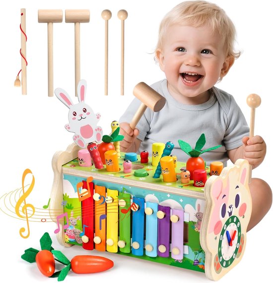 8-in-1 Montessori-speelgoed voor 1-jarigen: houten hamer- en klopspeelgoed met xylofoon voor peuters (1-3 jaar), tandwielen en worteloogstspel – ideaal als verjaardags- of paascadeau voor meisjes van 1 jaar en als educatief speelgoed voor baby's. van Flintry