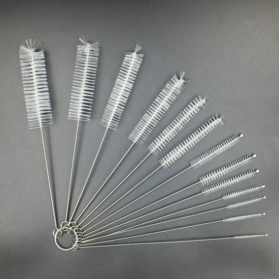 8 Inch Nylon Tube Reinigingsborstelset, Lange Rieten- en Flessenborstel, Flexibele Borstels voor het Reinigen van Pijpen, Toetsenborden, Glas en Moeilijk Bereikbare Plekken, Set van 13 Verschillende Maten - Wit