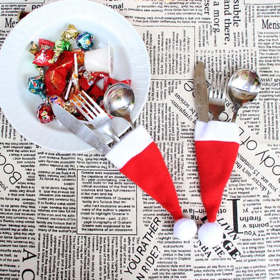 8 Kerstmuts hoesjes voor bestek- eitjes - fles - lolly van Baltus