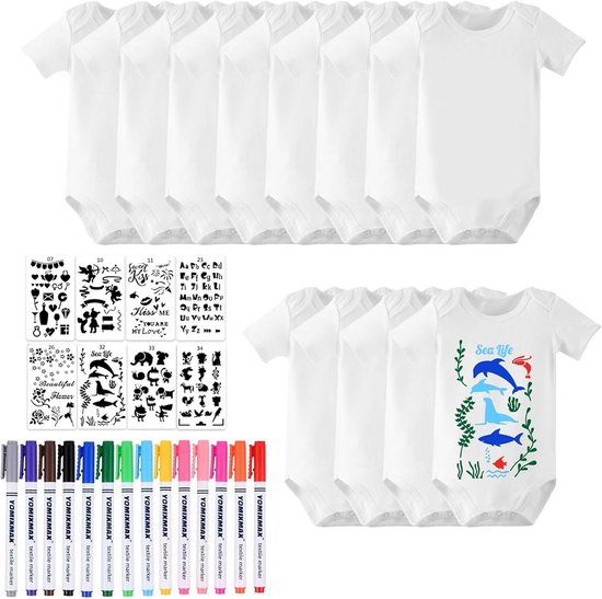 8 Rompertjes Kort Mouw Set met 14 Textielstiften en Sjabloon voor Babyshower Cadeau
