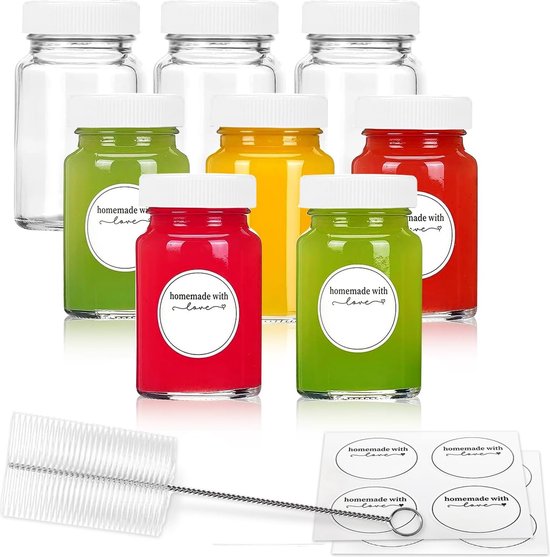 8 stuks glazen sapflessen met deksel en etiketten, herbruikbaar, klein helder glas voor sap, gember, wellnessshot, monster, draagbare mini-flessen met brede mond, lekvrij