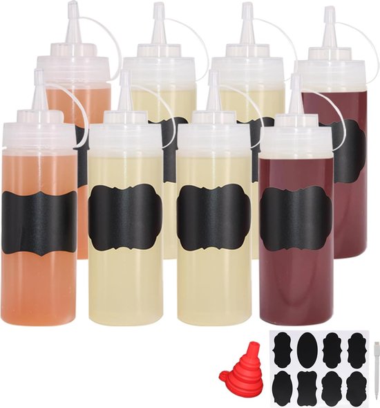 8 stuks knijpflessen 500 ml plastic knijpfles met doppen van kunststof, doseerfles voor sauzen, mayonaise, sauzen, ketchup dispenser
