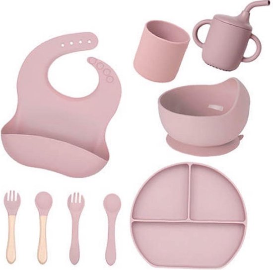 8PCS BABY SILICONEN ANTISLIP ZUIG KOM LEPEL PLAAT WATERDICHTE BIB CUP SET BABY GERECHTEN VOEDSEL VOEDEN KOM VOOR KINDEREN BPA GRATIS. van KICHLY