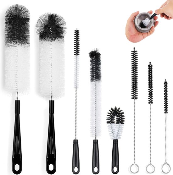 8x Flessenborstel - Flessenrager - Speenborstel - Schoonmaakborstel - Flessenreiniger - Drinkfles Reiniger - Melkfles Borstel - Pijpenborstel - Kras- en BPA vrij - Geschikt voor rietjes, flessen, waterflessen, bierflessen, thermosflessen - Zwart van Merkloos