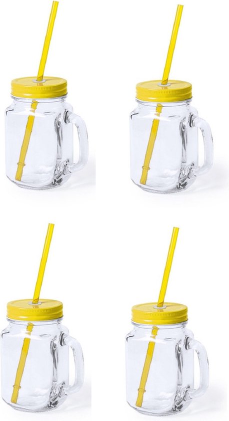 8x stuks Glazen Mason Jar drinkbekers gele dop en rietje 500 ml - afsluitbaar/niet lekken/fruit shakes van Mason Jar